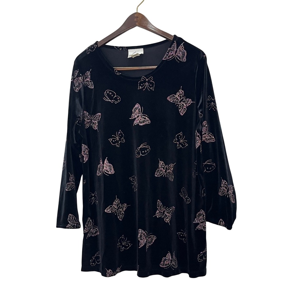 Fashion Bug Tunic Top Womens XL Black Good Velvet Glitter Butterfly Long Sleeve